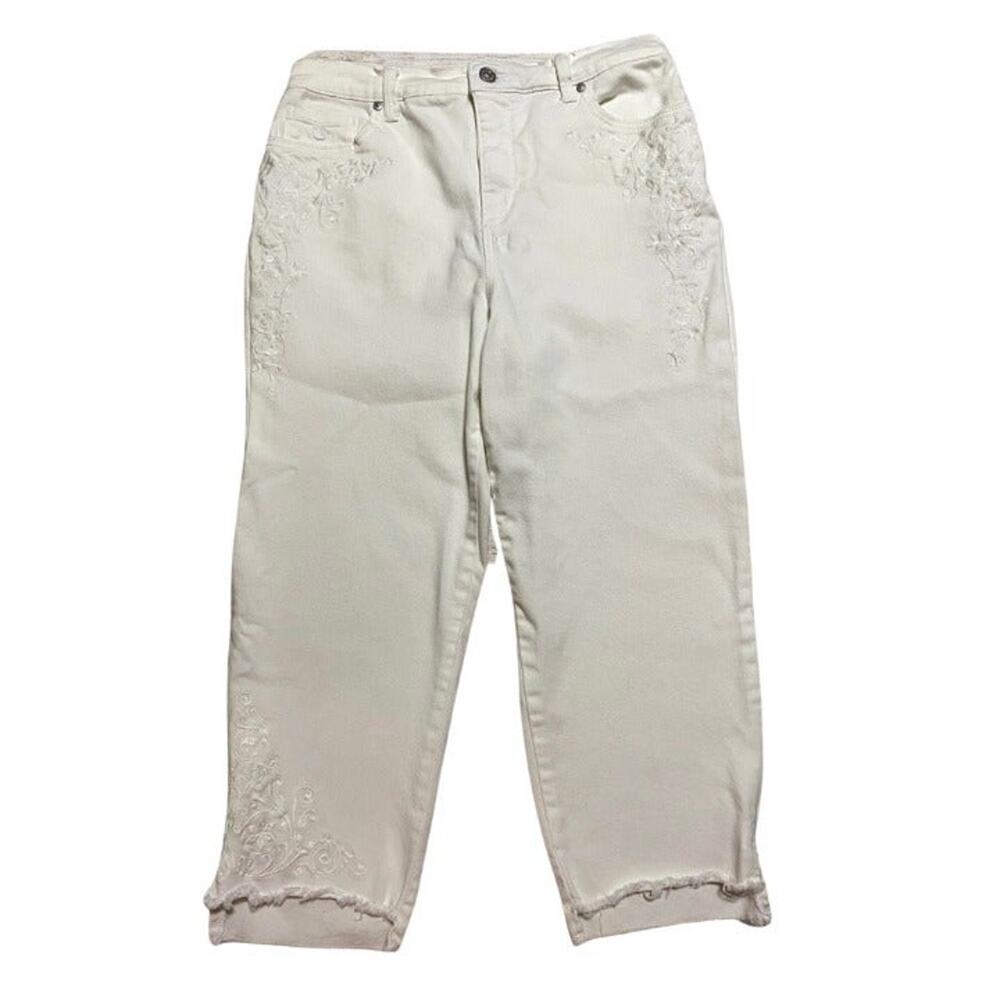 Gloria Vanderbilt Embroidered Leg White Denim Distressed Hem Capri Pants Size 8